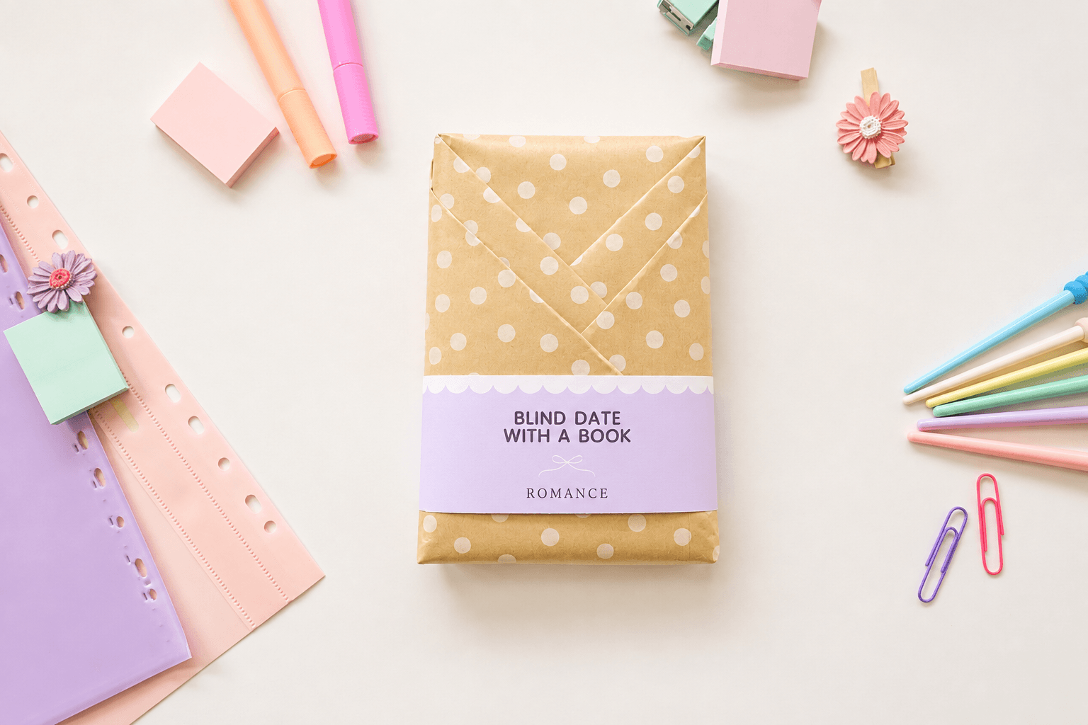 A Blind Date with a Book flat lay with kraft wrapping, coffee, and bookish extras